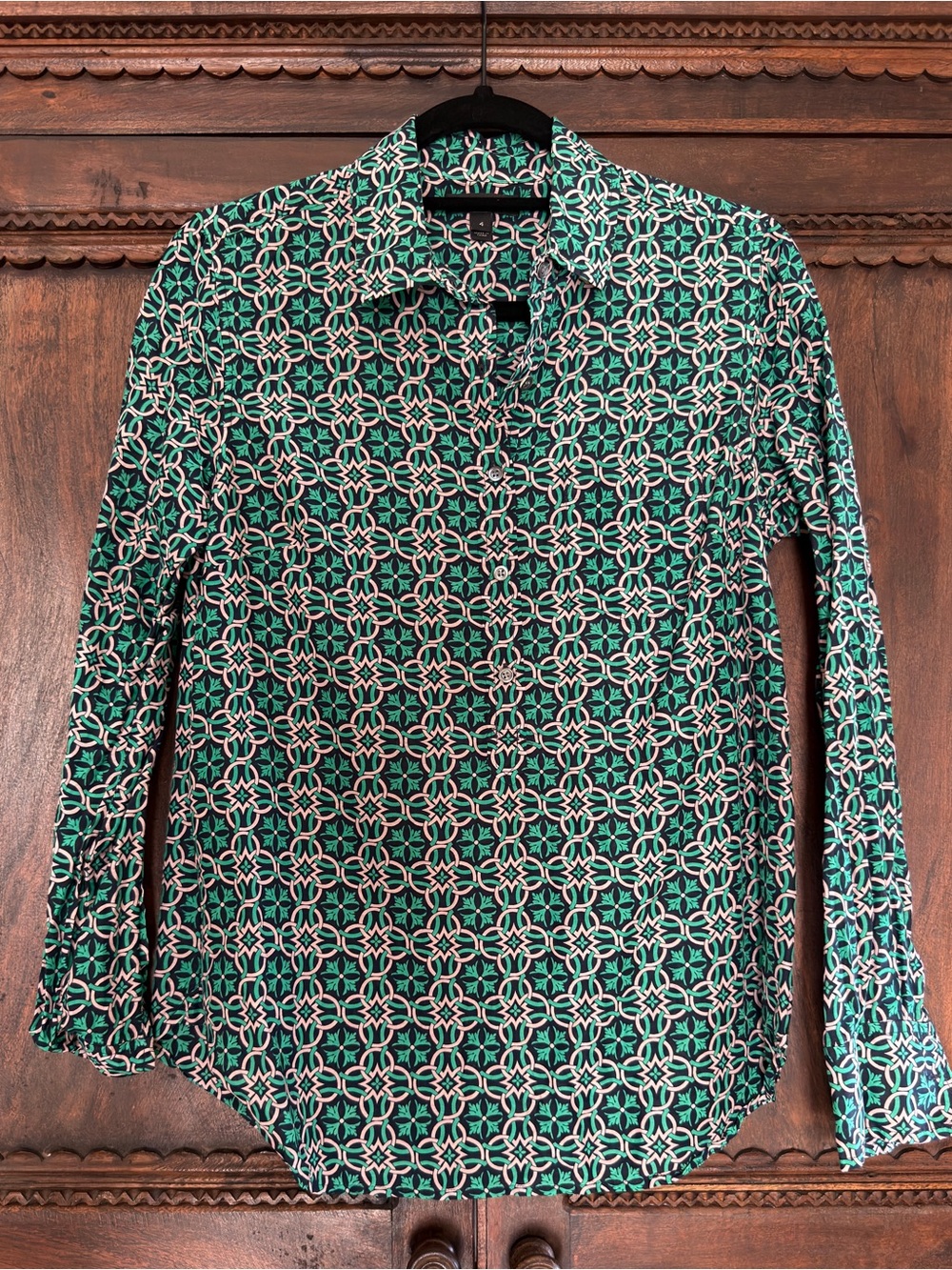 J. Crew Green and White Geometric Button-Down Shirt